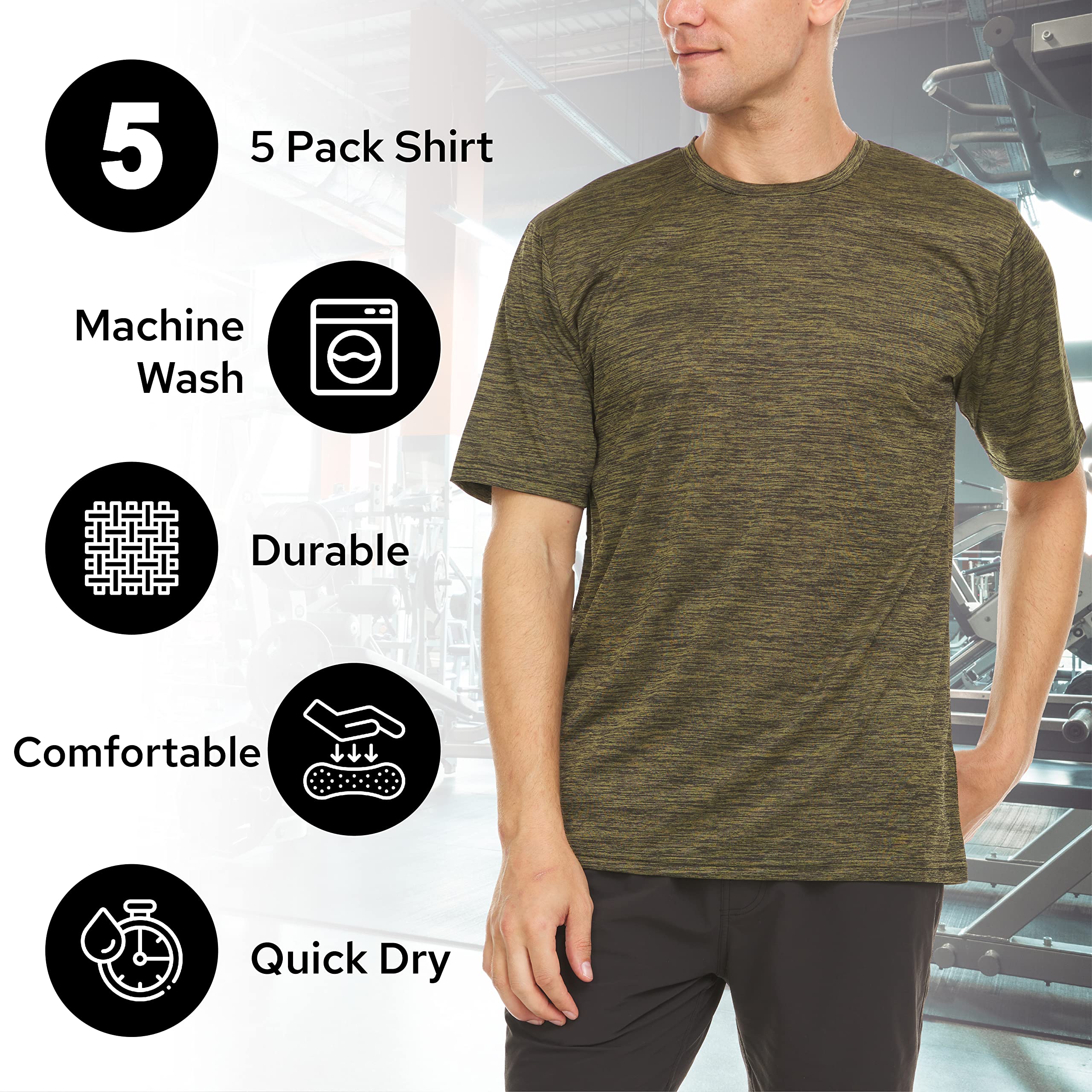 Mens Active T-Shirt - Quick-Dry Athletic Workout Training Crew Neck Short Sleeve Top 5 Pack