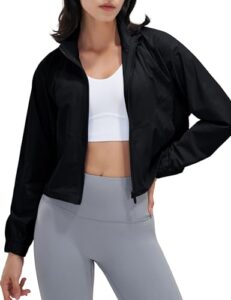 uaneo womens athletic cropped jacket zip up long sleeve workout tops gym yoga running sports shirts jackets(black-m)