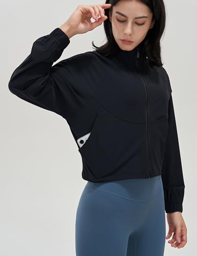 UANEO Womens Athletic Cropped Jacket Zip Up Long Sleeve Workout Tops Gym Yoga Running Sports Shirts Jackets(Black-M)