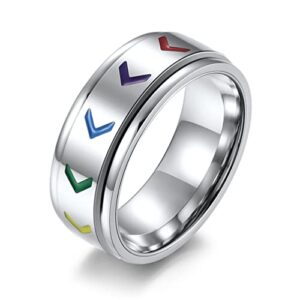 ANIEJUFI Stainless Steel Anxiety Ring Fidget Spinner Rings for Men Women 8mm Rainbow Flag Enamel Gay Lesbians Wedding Band Silver Size 9