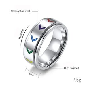 ANIEJUFI Stainless Steel Anxiety Ring Fidget Spinner Rings for Men Women 8mm Rainbow Flag Enamel Gay Lesbians Wedding Band Silver Size 9