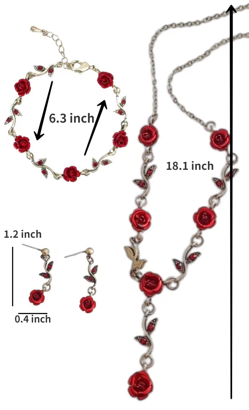 3 PCS 18 Gold Necklace Long Necklace For Women Girls Gold Rose Pendent Bracelet Flower Jewelry Dangle Earrings Set For Valentine's Day Mother's Day Gifts Wedding Gifts