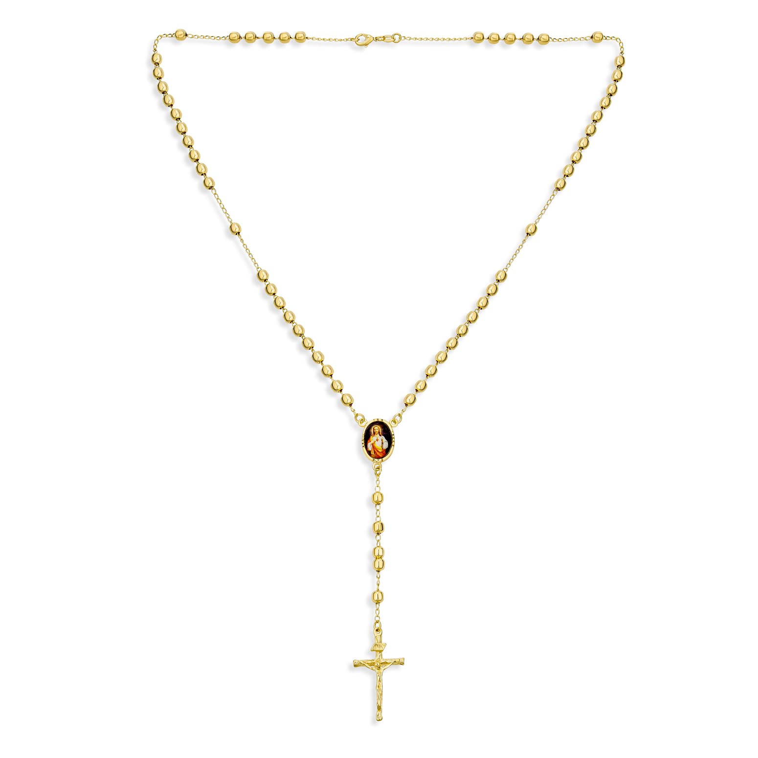 Bling Jewelry Catholic Christian Prayer Rosario Beads Scared Heart of Jesus Crucifix Cross Catholic Rosary Beads Necklace for Women Teen 18K Gold Plated Brass