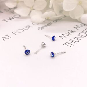 925 Sterling Silver Hypoallergenic 3MM Turkish Blue Eye Fake Nose Stud lnlaid Crystal Rhinestone Cubic Zirconia Evil Eyes Mal de Ojo Piercing Nose Rings Body Jewelry for Women Men-A 2Pcs