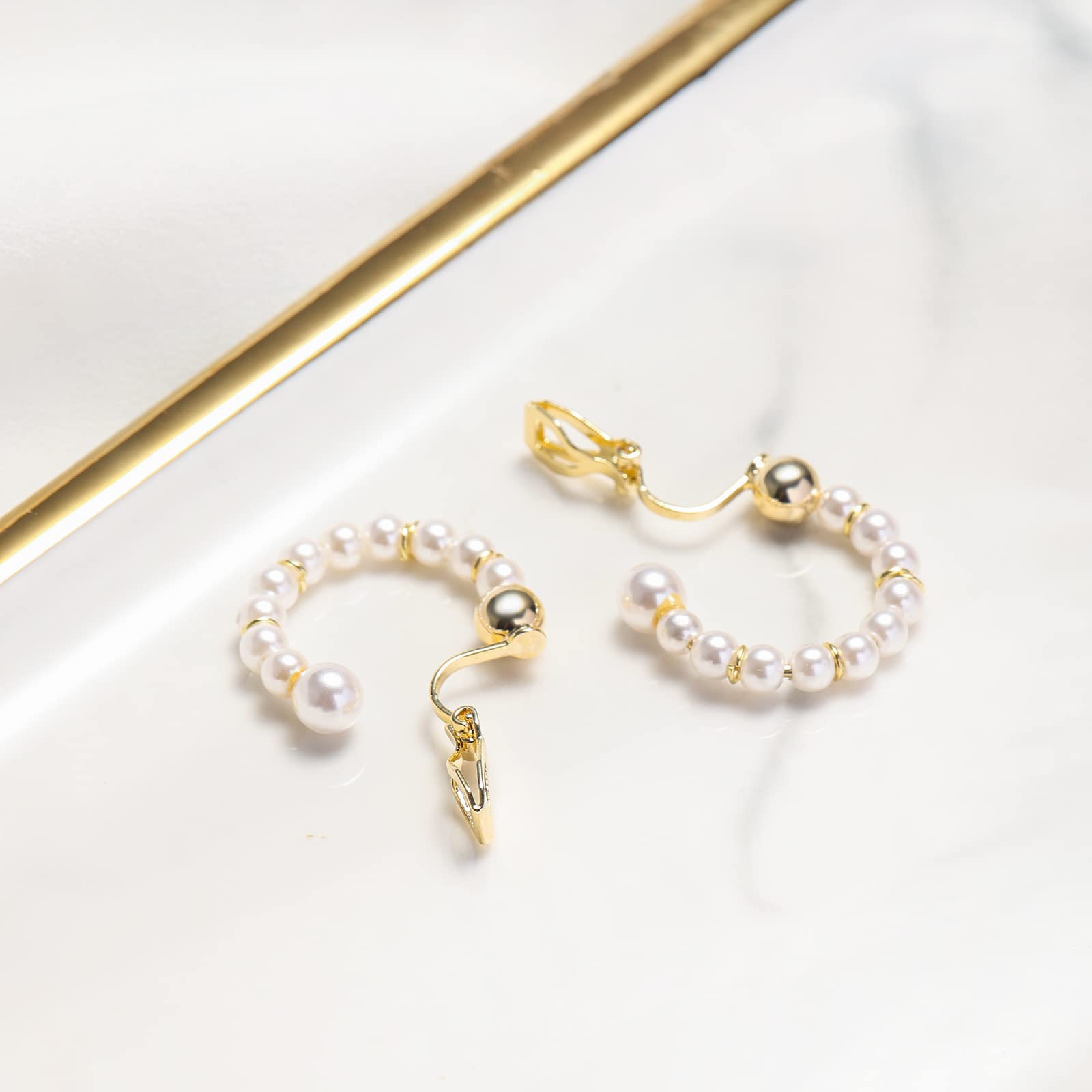 YOQUCOL Simulated Freshwater Pearl Golden Clip On Hoop Earrings Non Pierced Ears Hoops for Women(25MM)