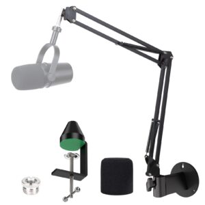 YOUSHARES MV7 Wall Mount Boom Arm Stand with Mic Windscreen and Table Mount Clamp, Mic Stand Arm with Pop Filter Compatible with Shure MV7 and Shure MV7X Microphone