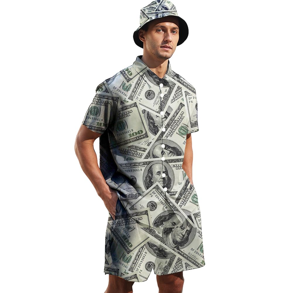 ifamawlea Men'S 2 Piece Tracksuit Money Dollars Hawaiian Shirt Shorts Button Down Shirt And Shorts Sets With Bucket Hats X-Large