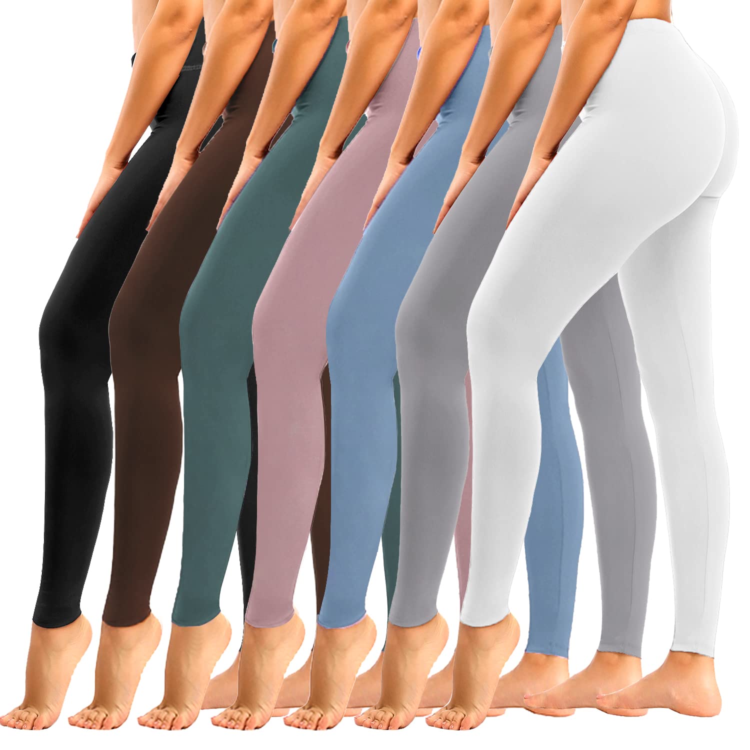 yeuG 7 Pack High Waisted Leggings for Women Tummy Control Soft Workout Yoga Pants(10#Black,Coffe,Green,Rosy,Blue,lightgrey,White, Large-X-Large)