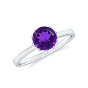 Rosec Jewels Certified Amethyst Engagement Ring, AAA Quality, Natural Purple Amethyst Solitaire Ring - Ready to Gift, 14K White Gold, Size:US 8.00