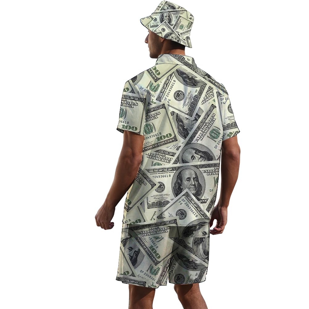 ifamawlea Men'S 2 Piece Tracksuit Money Dollars Hawaiian Shirt Shorts Button Down Shirt And Shorts Sets With Bucket Hats X-Large