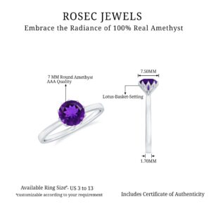 Rosec Jewels Certified Amethyst Engagement Ring, AAA Quality, Natural Purple Amethyst Solitaire Ring - Ready to Gift, 14K White Gold, Size:US 8.00