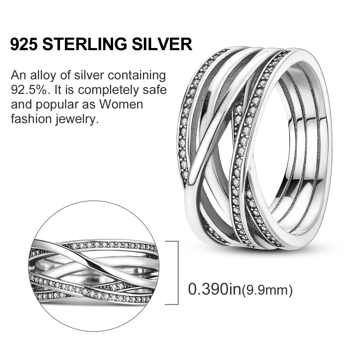 NARMO Sterling Silver Ring Entwined Cubic Zirconia Ring Line Rings for Women (8)