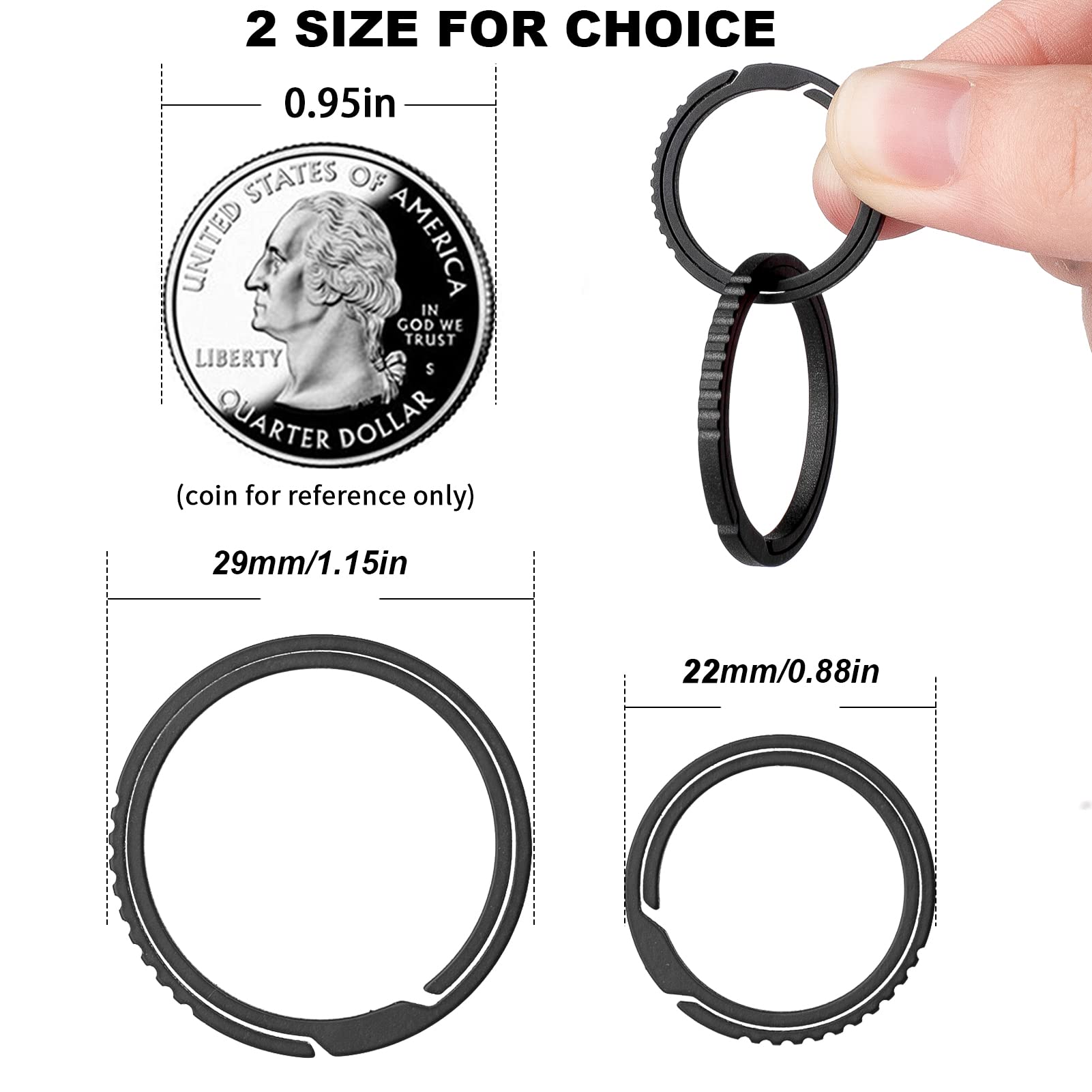 TISUR Titanium Keychain Rings, Split Side Pushing Heavy Duty Black Key Ring For Key Chain Carabiner Dog Tag (2PCS Black Large)