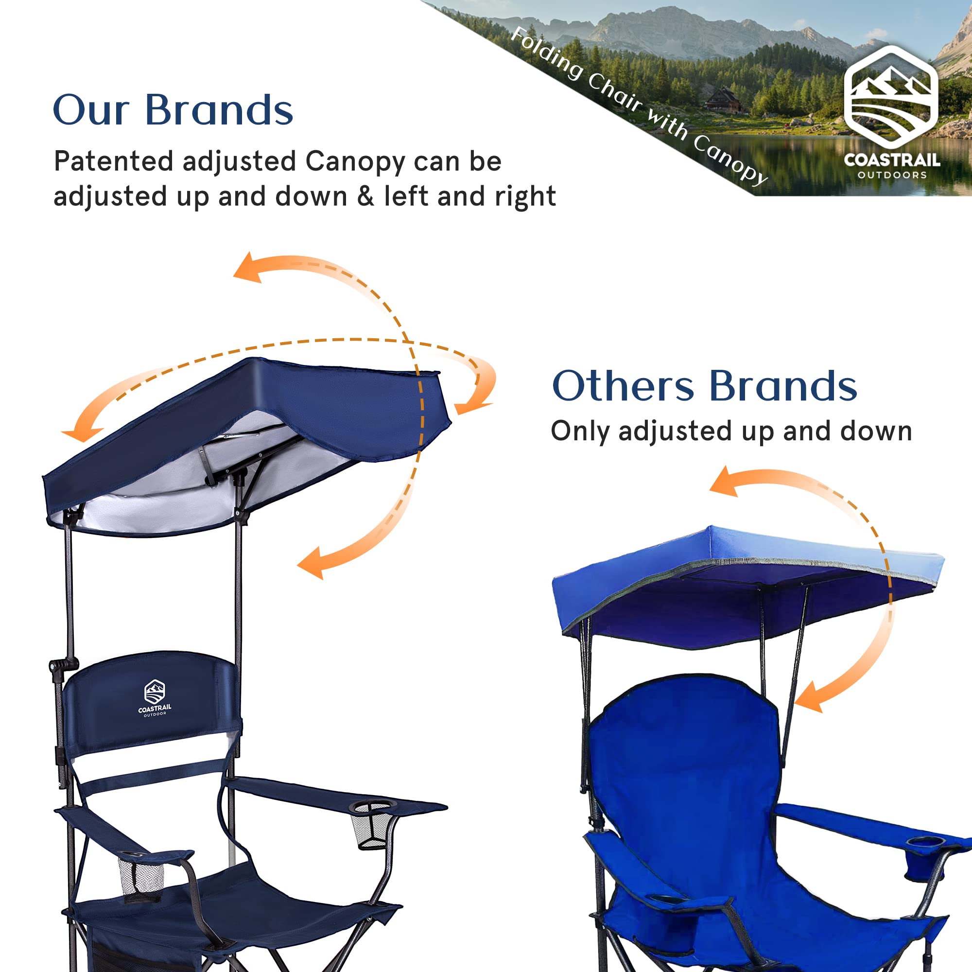 Coastrail Outdoor Canopy Camping Chair Multi-Position Adjustable Folding Shade Chair SPF 50+ Sun Protection with Cup Holder & Storage Pockets, Patio, Blue,Extra Large