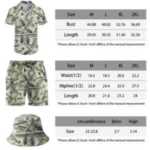 ifamawlea Men'S 2 Piece Tracksuit Money Dollars Hawaiian Shirt Shorts Button Down Shirt And Shorts Sets With Bucket Hats X-Large