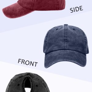 ZEXIAN 3 Pack Womens Vintage Washed Distressed Baseball-Cap with Ponytail Hole Sport Golf Hat (Black+Denim Blue+Burgundy)