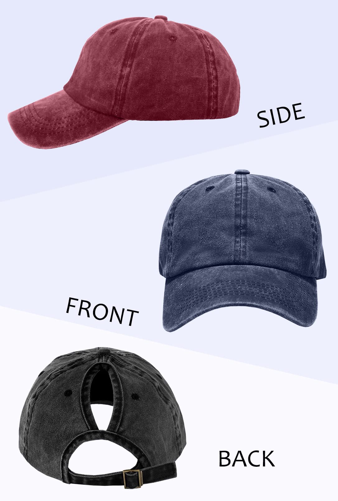 ZEXIAN 3 Pack Womens Vintage Washed Distressed Baseball-Cap with Ponytail Hole Sport Golf Hat (Black+Denim Blue+Burgundy)