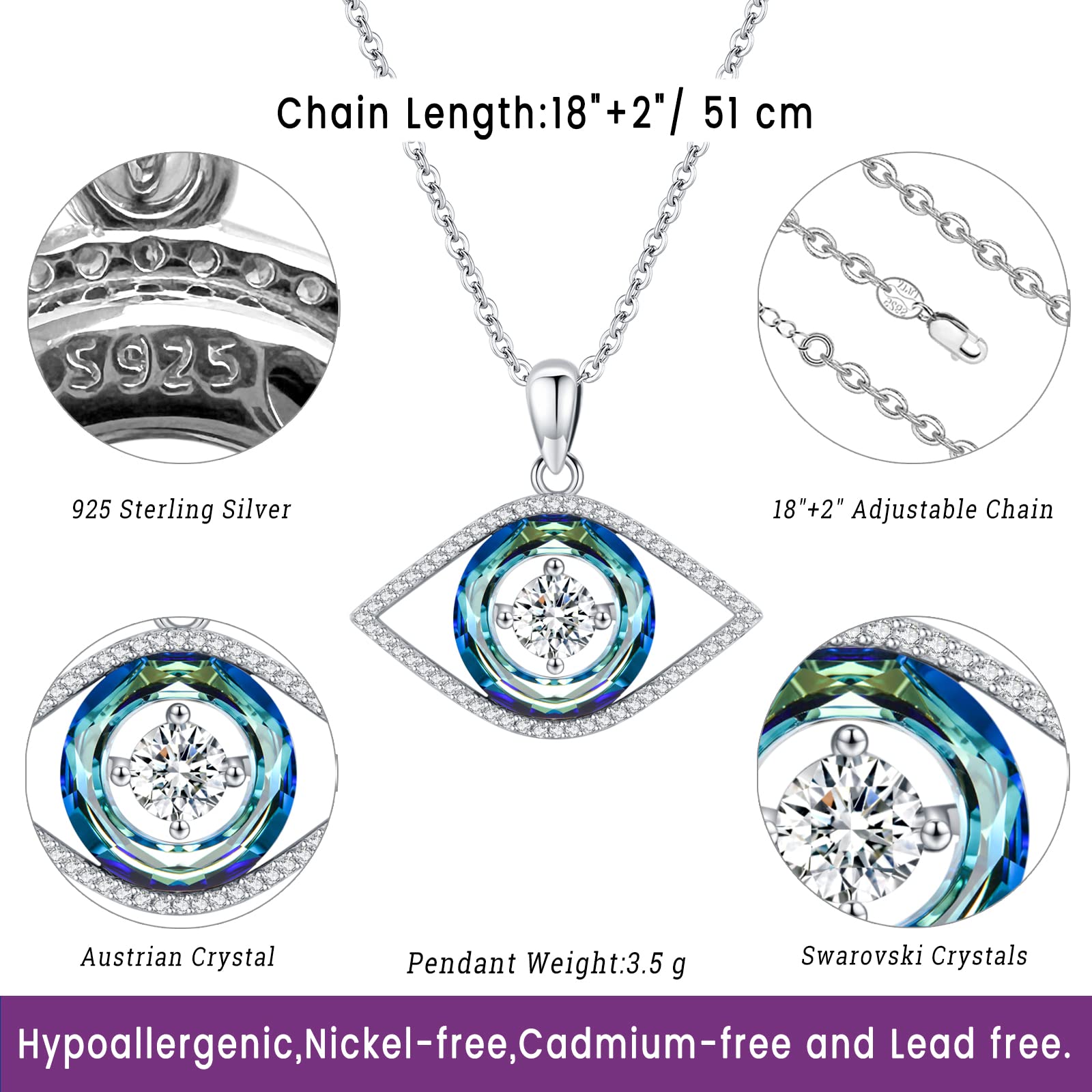 Evil Eye Necklace 925 Sterling Silver Evil Eye Jewelry for Women Men Blue Austrian Crystals Protection Amulet Evil Eye Pendant Necklace Ojo Turco Mal De Ojo Nazar