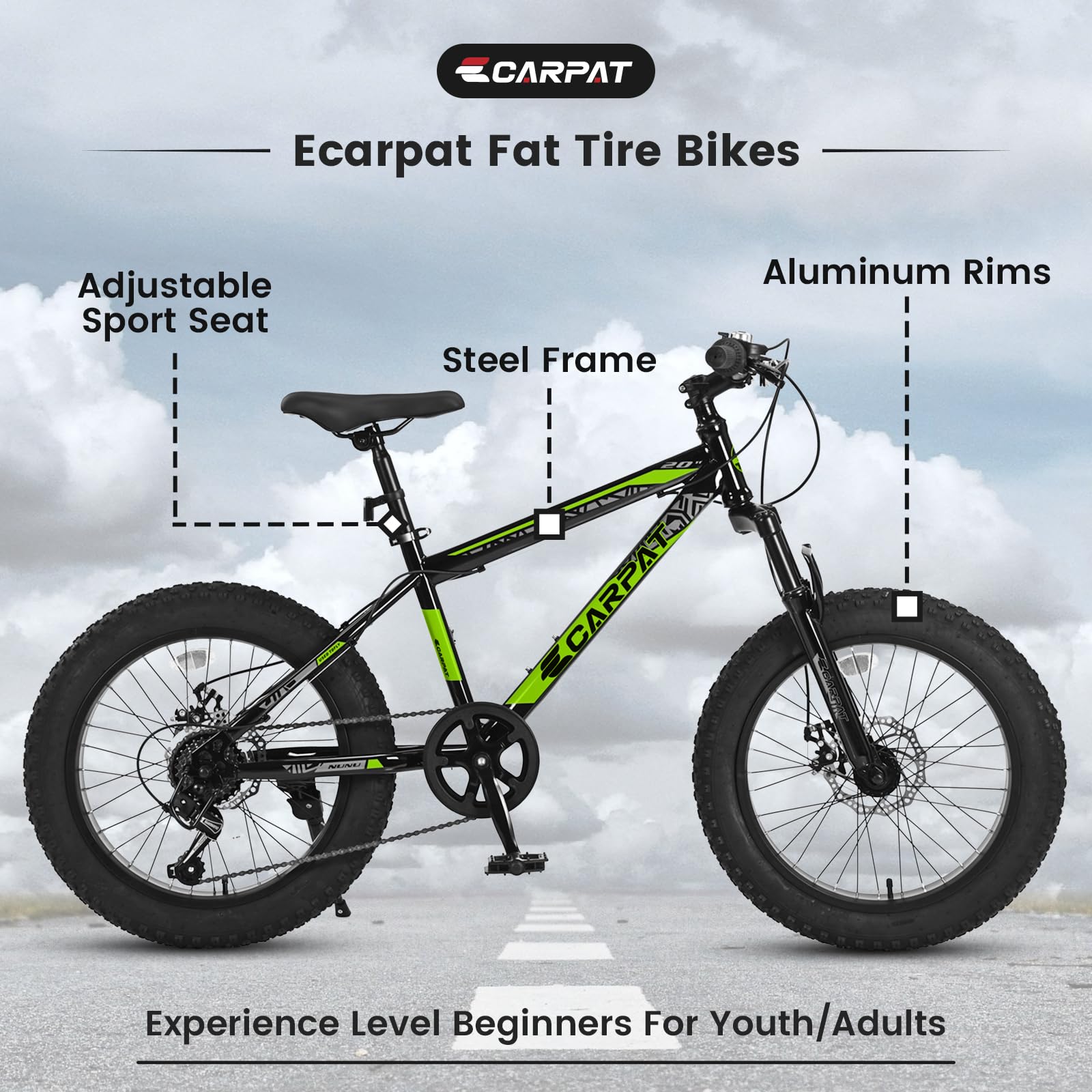 Elecony Ecarpat 20/24/26 Inch Fat Tire Mountain Bikes 7-Speed with Mechanical Disc Brakes Front Suspension, Mens Womens All Terrain Mountain Winter Snow Bicycles