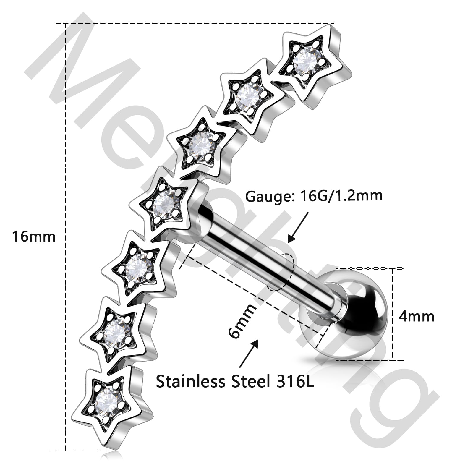 Melighting 16G Cartilage Earrings Satr Helix Earrings Clear CZ Curved Upper Ear Surgical Steel 316L Cartilage Piercing Tragus Piercing Earrings Studs for Women Body Piercing Jewelry