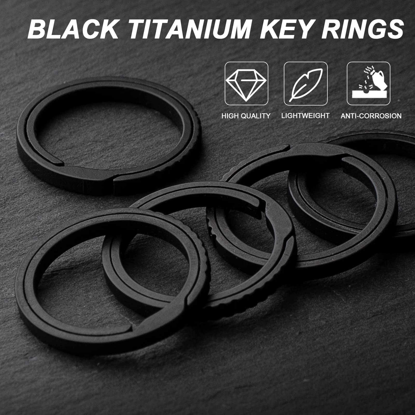 TISUR Titanium Keychain Rings, Split Side Pushing Heavy Duty Black Key Ring For Key Chain Carabiner Dog Tag (2PCS Black Large)