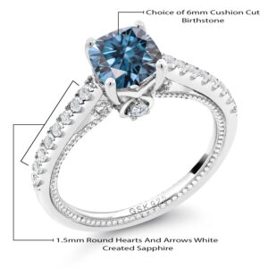 Gem Stone King 925 Sterling Silver Customized and Personalized 6MM Cushion Cut Gemstone Birthstone and White Created Sapphire Engagement Ring For Women Available In Size 5, 6, 7, 8, 9