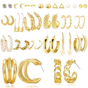 21Pairs Gold Pearl Earrings Set for Women Girls, Fashion Chain Link Hoop Stud Drop Dangle Earrings Jewelry for Birthday Party Christmas Jewelry Presents, Paperclip Hypoallergenic Earrings