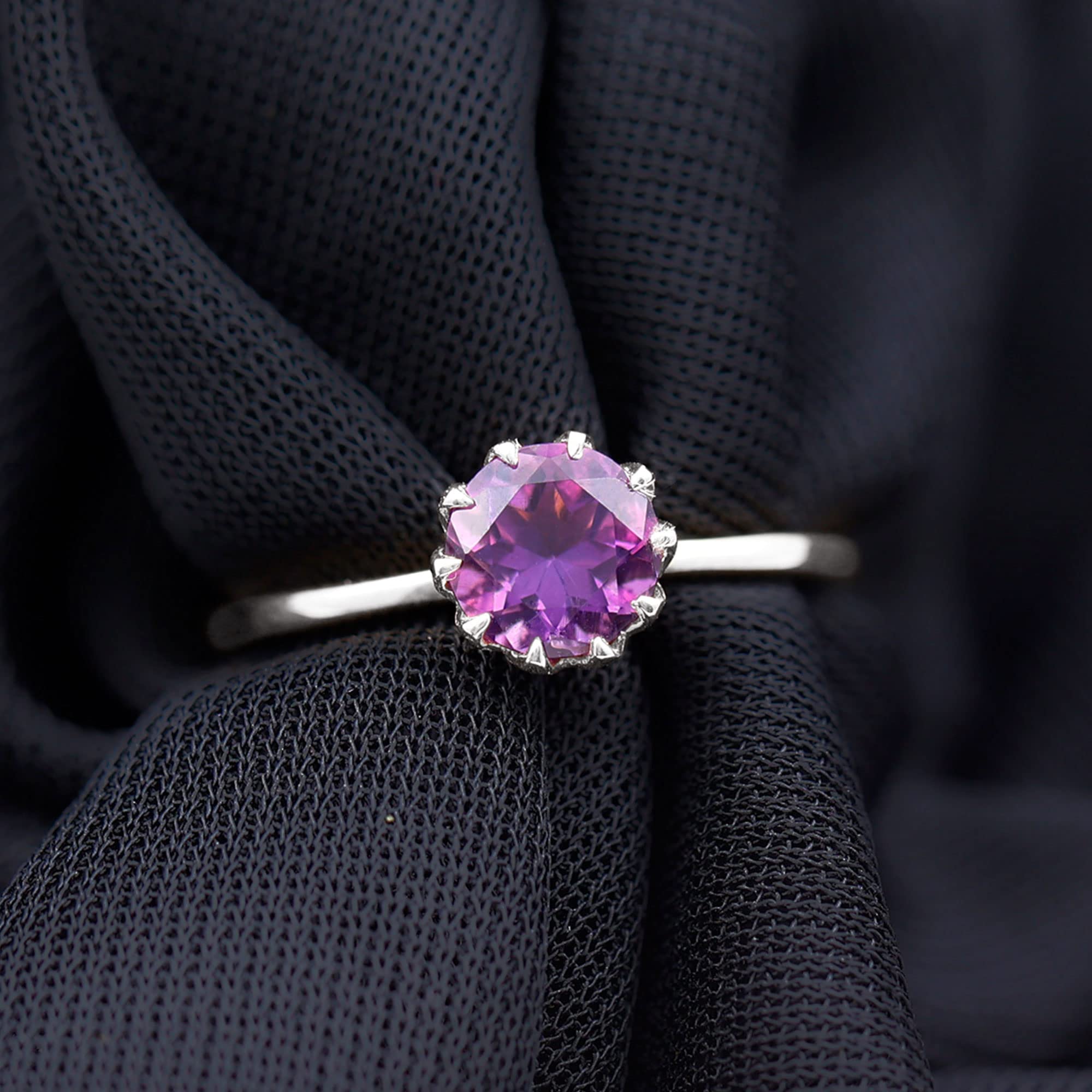 Rosec Jewels Certified Amethyst Engagement Ring, AAA Quality, Natural Purple Amethyst Solitaire Ring - Ready to Gift, 14K White Gold, Size:US 8.00