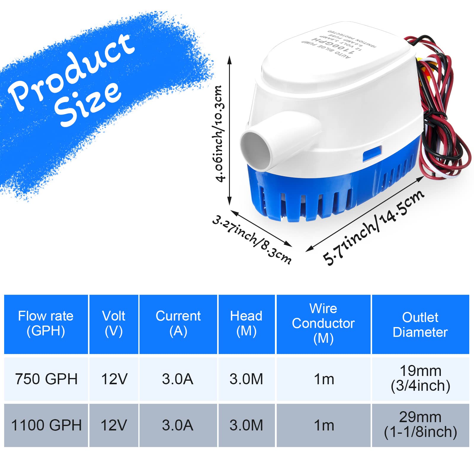 2 Pieces Automatic Bilge Pumps for Boats 12V Submersible Pump with Float Switch Auto Bilge Water Pump (1100GPH)