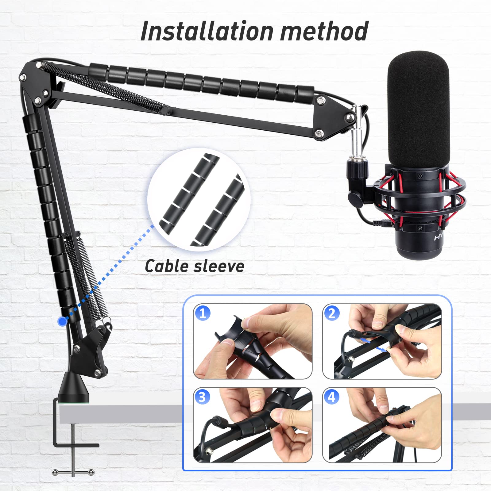 SUNMON HyperX QuadCast Boom Arm，Adjustable Suspension Microphone Boom Arm for HyperX QuadCast, QuadCast S Boom Arm – Upgrade C Clamp, 2 Cable Ties, Pop Filter Cover Compatible with HyperX Microphone