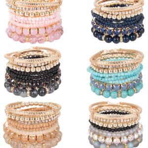 FINZOR 48Pcs Bohemian Stackable Bead Bracelets for Women Multicolor Stretch Beaded Bracelets Layered Bead Adjustable Bracelet Black Turquoise Stretch Bracelets