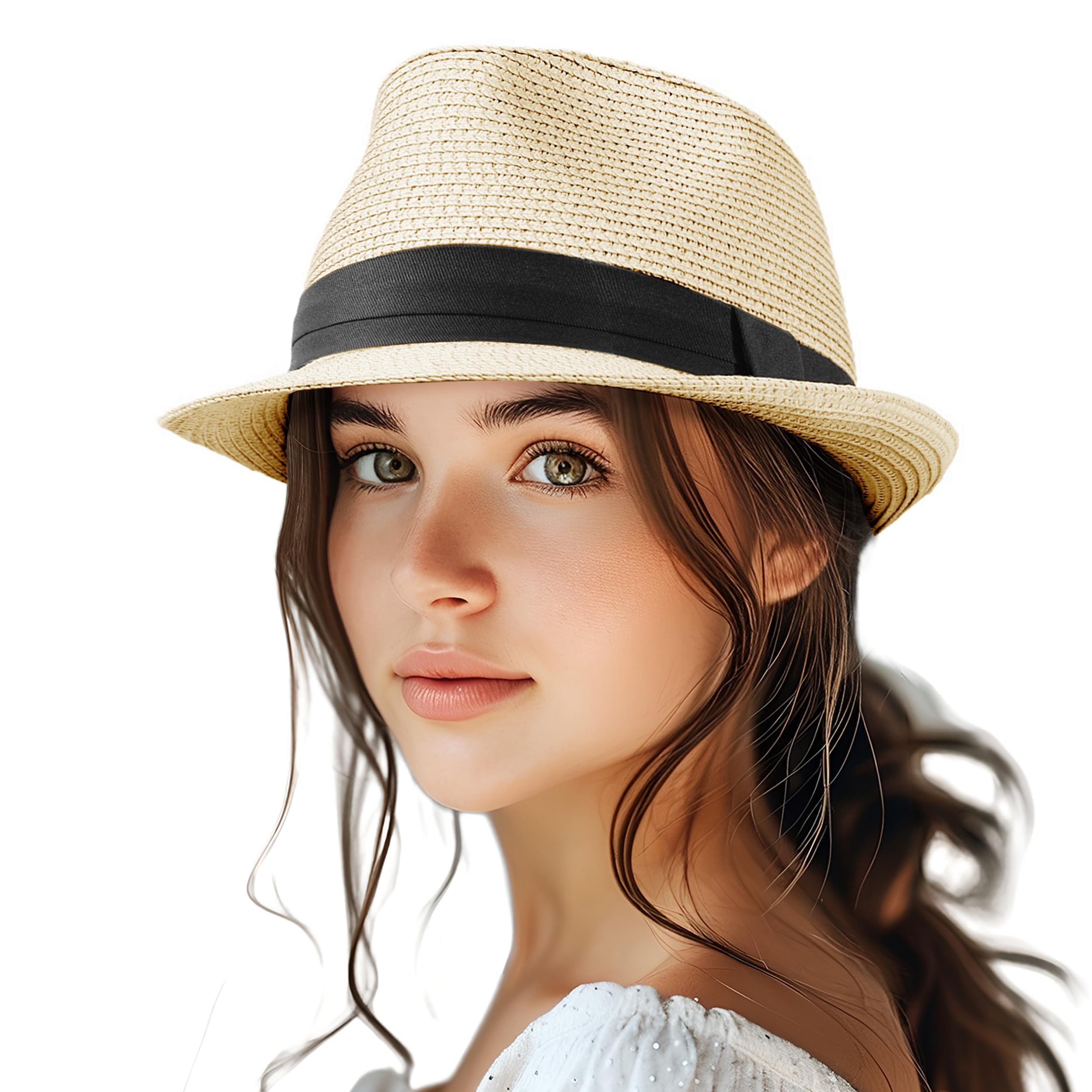 Straw Fedora Hat Short Brim Packable Roll Up Trilby Hat Classic Adjustable Panama Summer Beach Sun Hat UPF 50+ (One Size, Natural)