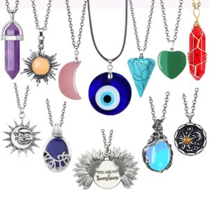 smadyyy crystal necklace healing moonstone heart necklaces evil eye sunflower sun and moon necklace hippie pendants indie aesthetic jewelry set for women men gift (vintage pendant-12pcs)