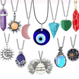 SMADYYY Crystal Necklace Healing Moonstone Heart Necklaces Evil Eye Sunflower Sun and Moon Necklace Hippie Pendants Indie Aesthetic Jewelry set for Women Men Gift (vintage pendant-12pcs)