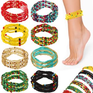 8 Pcs Beaded Anklets for Women Handmade Multicolor Layered Ankle Seed African Beaded Anklets for Women Elastic Boho Ankle Bracelets Glass Bead Stretch Anklet for Women Summer Foot Jewelry