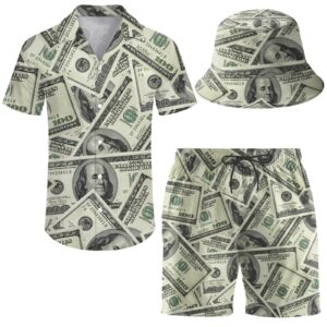 ifamawlea men's 2 piece tracksuit money dollars hawaiian shirt shorts button down shirt and shorts sets with bucket hats x-large