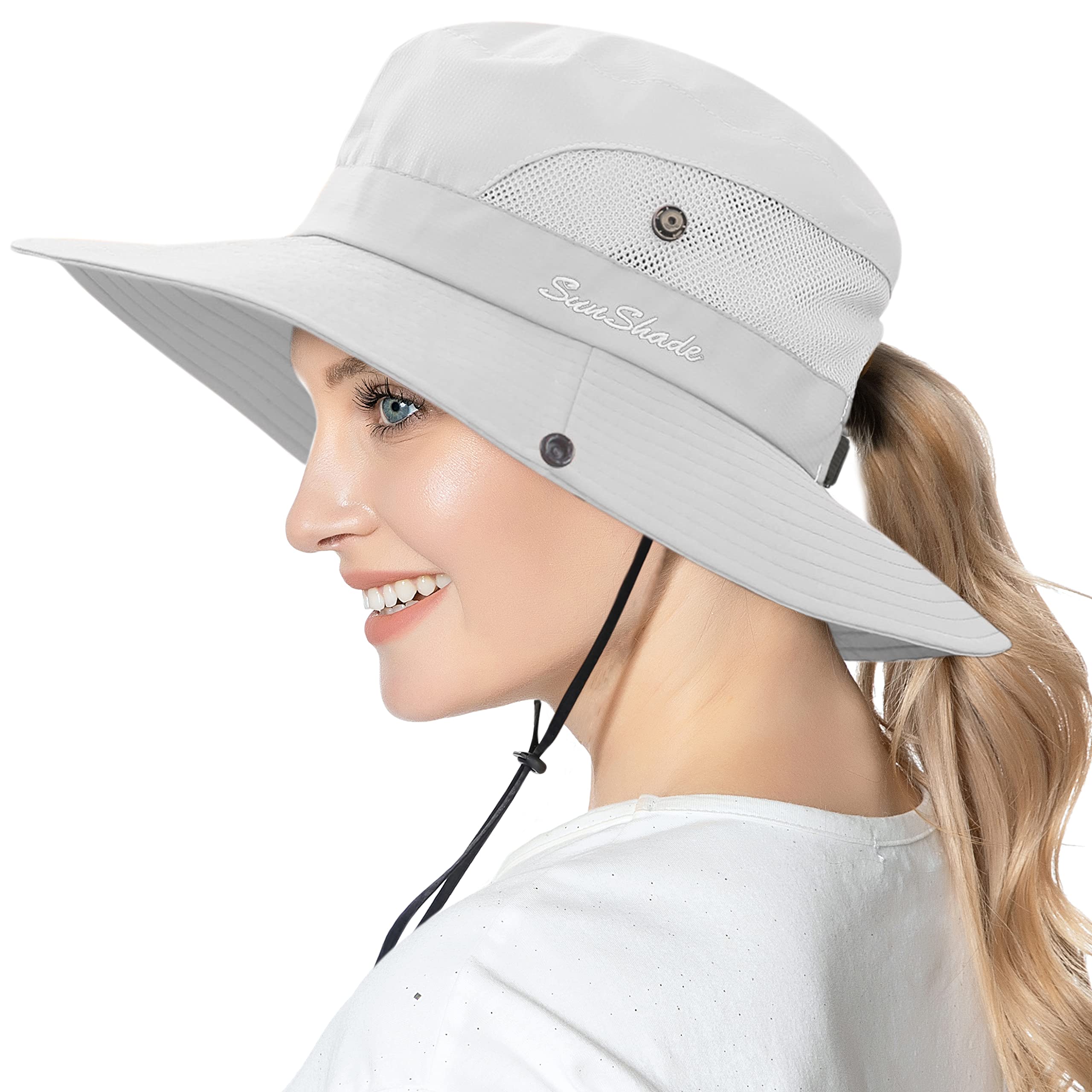 Womens Summer Sun Hat Outdoor UV Protection Foldable Wide Brim Bucket Ponytail Hats Beach Safari Fishing Cap Pure Beige