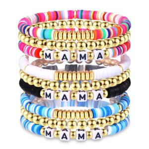 HZEYN MAMA Heishi Bracelet Set Stackable Heishi Clay Beaded Stretch Bracelet Preppy Jewelry Thanksgiving Gifts for Mother Colorful Blue