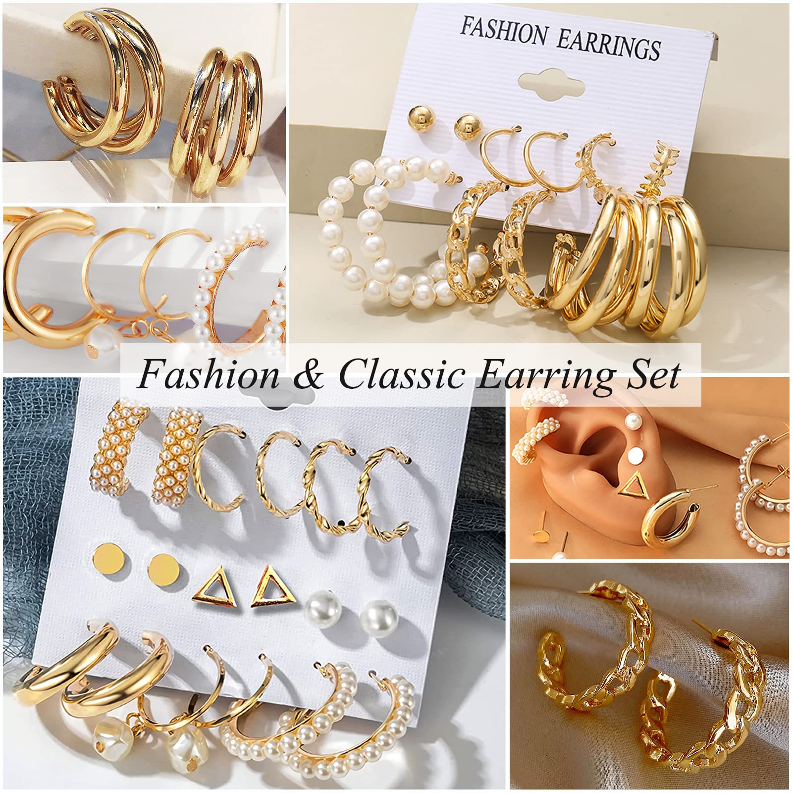 21Pairs Gold Pearl Earrings Set for Women Girls, Fashion Chain Link Hoop Stud Drop Dangle Earrings Jewelry for Birthday Party Christmas Jewelry Presents, Paperclip Hypoallergenic Earrings