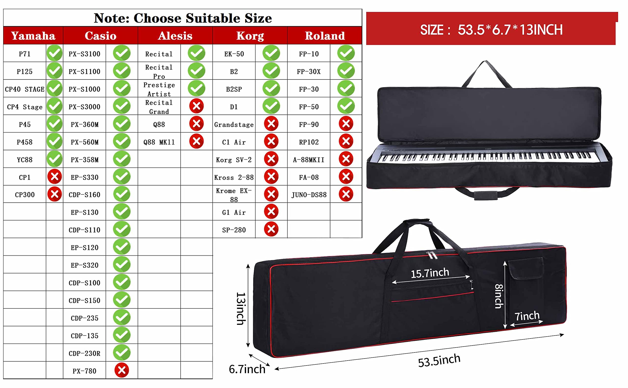 Monkeysell 88 Key Keyboard Case, Keyboard Gig Bag with 2-Pocket Keyboard Bag,600D Durable Oxford Inside Padded Full Coverage Dust for Protect Digital Piano Covers 88 keys 53.5"x13" x 6.7"…