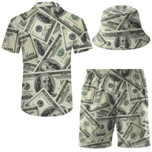 ifamawlea Men'S 2 Piece Tracksuit Money Dollars Hawaiian Shirt Shorts Button Down Shirt And Shorts Sets With Bucket Hats X-Large