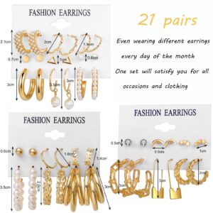 21Pairs Gold Pearl Earrings Set for Women Girls, Fashion Chain Link Hoop Stud Drop Dangle Earrings Jewelry for Birthday Party Christmas Jewelry Presents, Paperclip Hypoallergenic Earrings