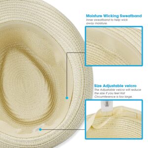 Straw Fedora Hat Short Brim Packable Roll Up Trilby Hat Classic Adjustable Panama Summer Beach Sun Hat UPF 50+ (One Size, Natural)