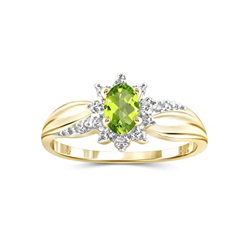 JEWELEXCESS 0.48 CTW Peridot & Accent White Diamonds Ring in 14K Gold Over Silver