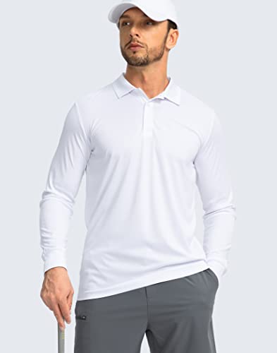 Men's Polo Shirt Long Sleeve Golf Shirts Lightweight UPF 50+ Sun Protection Cool Shirts for Men Work Fishing Outdoor(White, L)