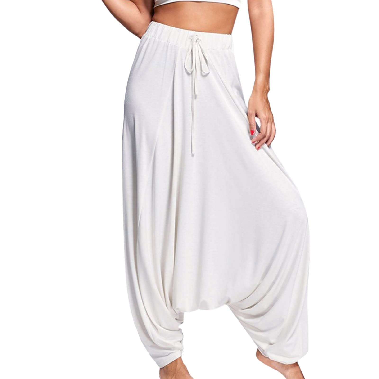 Burband Womens Solid Color Drop Crotch Harem Pants Drawstring Loose Fit Aladdin Hippie Palazzo Lounge Elephant Boho Pants White