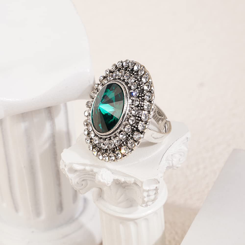 Jumwrit Vintage Knuckle Ring Open Band Ring Silver Rhinestone Ring Big Round Ring Adjustable Finger Ring Carved Ring Indian Ring for Women（Green）