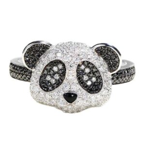 cute panda open rings for women cubic zirconia pave lovely animal statement sparkling clear black crystal jewelry delicate bear adjustable stacking middle finger ring fashion gifts for daughter niece birthday (ring)