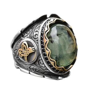 925 Sterling Silver Men's Ring with Natural Prehnite Stone, Handcrafted Unique Design, Green Gemstone Ring for Men