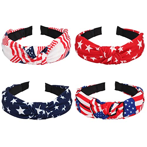 Budsmile 4PCS American Flag Headbands for Women Girls Independence Day 4th of July Red White Blue Patriotic USA Bow Knotted Wide Headband Yoga Hair Band Hair Hoops